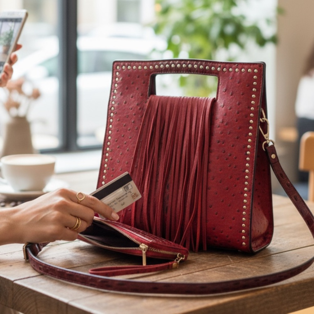 Red Studded Fringe ostrich Handbag and Wallet Set